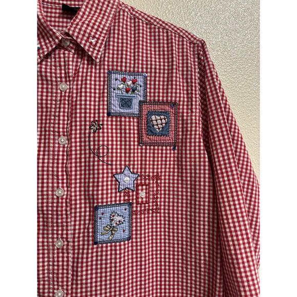 VTG Quizz Again Womens Sz M Stars Patchwork Red Check Button Up Embroidered Farm - Picture 4 of 9